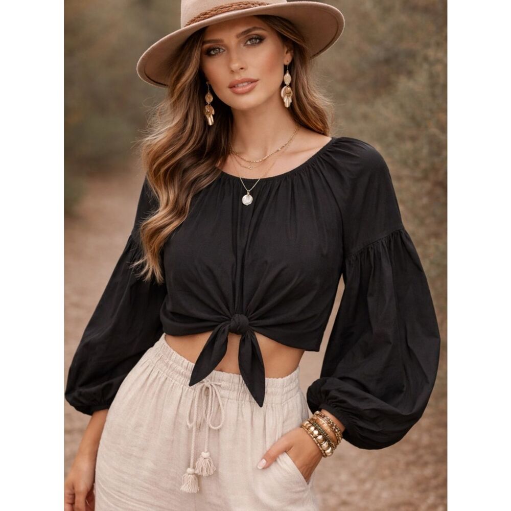 New Gianni Bini Long Balloon Sleeve Crop Elegant Black Women's Top Sz M  Witchy
